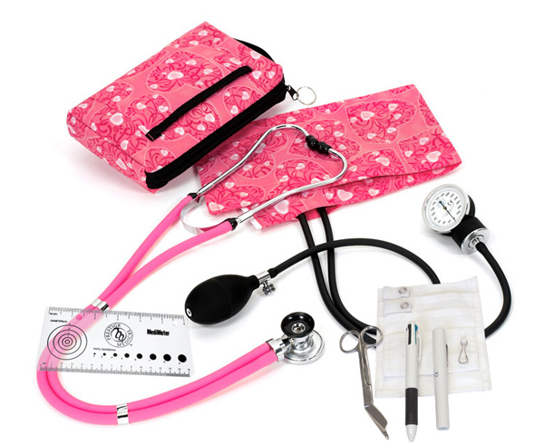 Aneroid Sphygmomanometer / Sprague-Rappaport Stethoscope Nurse Kit, Adult, Hot Pink Hearts, Print < Prestige Medical #A5-HPH 