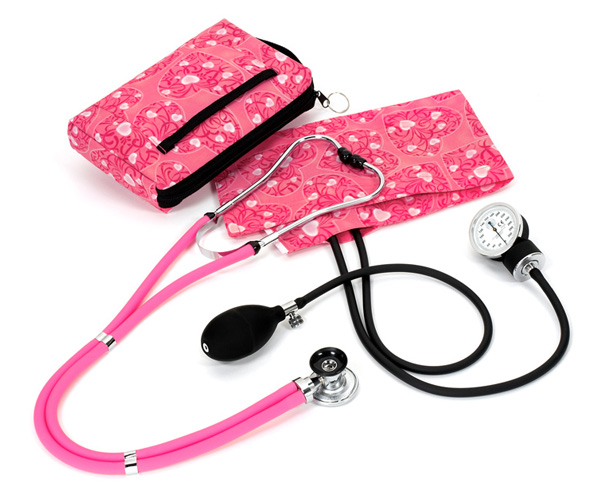 Aneroid Sphygmomanometer / Sprague-Rappaport Stethoscope Kit, Adult, Hot Pink Hearts, Print < Prestige Medical #A2-HPH 