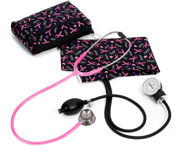 Aneroid Sphygmomanometer / Clinical I Stethoscope Kit, Adult, Pink Ribbons Black, Print < Prestige Medical #A126-PRB 