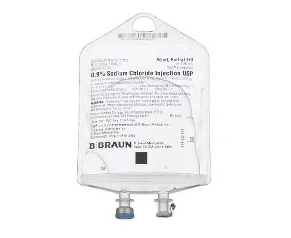 0.9% Sodium Chloride Injection USP, 50 mL, 157 PAB < B Braun #S8004-5384 