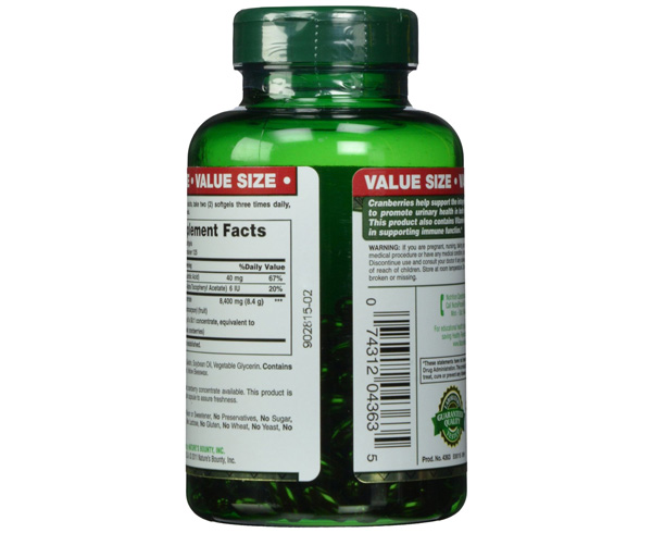 Cranberry Fruit 4200mg Plus Vitamin C, 250 Softgels < Nature's Bounty #4363 