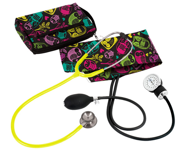 Aneroid Sphygmomanometer / Clinical I Stethoscope Kit, Adult, Owls Black, Print < Prestige Medical #A126-OBK 