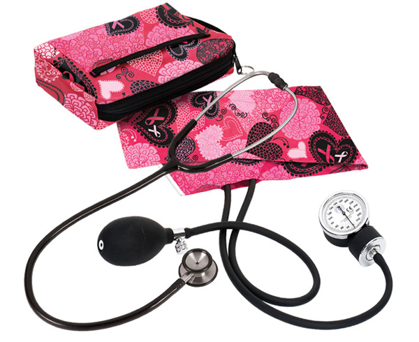 Aneroid Sphygmomanometer / Clinical I Stethoscope Kit, Adult, Ribbons and Hearts Pink, Print < Prestige Medical #A126-RPK 