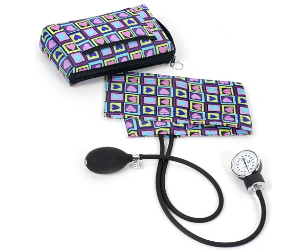 Premium Aneroid Sphygmomanometer With Carry Case, Adult, Four Square Hearts, Print < Prestige Medical #882-FSH 