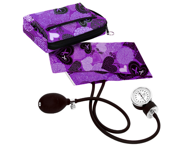 Premium Aneroid Sphygmomanometer With Carry Case, Adult, Ribbons and Hearts Purple < Prestige Medical #882-RPU 