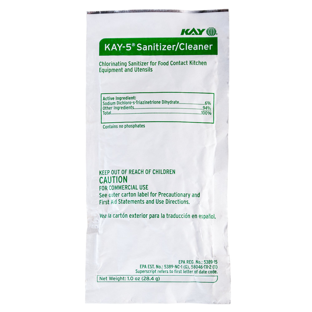 KAY-5 Sanitizer/Cleaner single-use packet, chlorinating sanitizer for food contact kitchen equipment, 1 oz