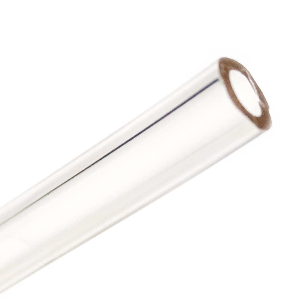 Clear flexible plastic tubing with amber-tinted edge, shown in close-up on white background