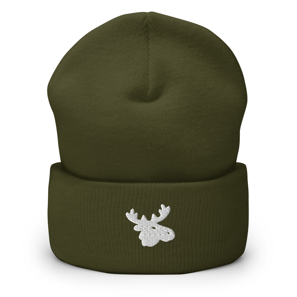 Olive Green Cuffed Beanie w/ White Moose Head