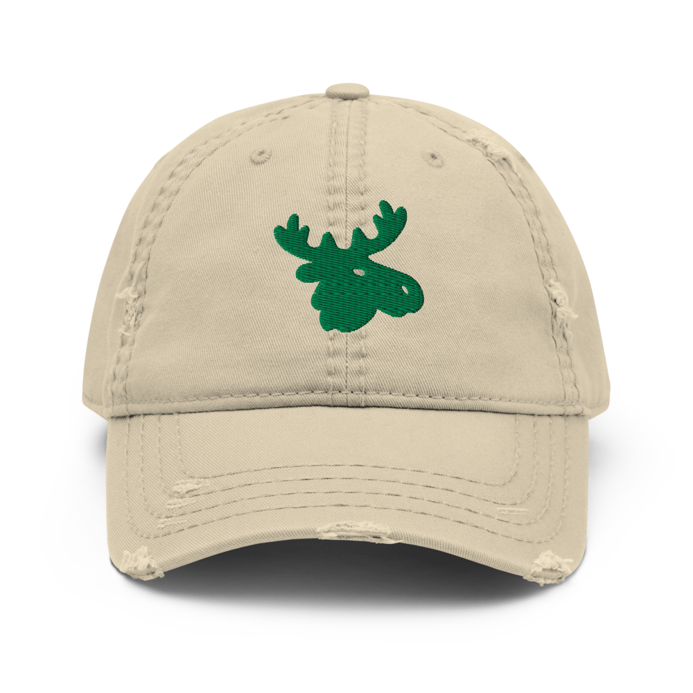 Distressed Khaki Embroidered Dad Hat w/Moose Head