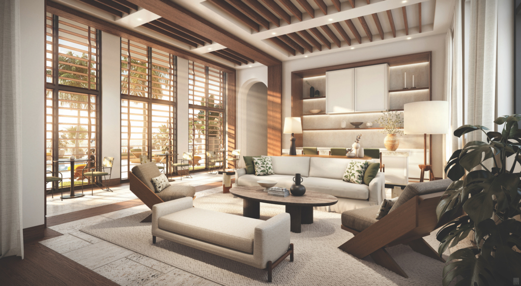 living room with white furniture, a round table, and floor-to-ceiling windows