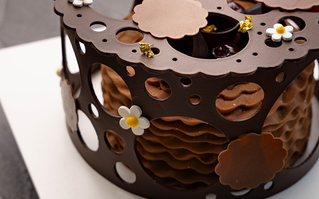 A close-up of a decorative chocolate cake enclosed by a dark chocolate lattice wrapper with circular cutouts. The cake inside has wavy brown chocolate frosting, and the top is garnished with chocolate circles, white sugar flowers, and small pieces of gold leaf.
