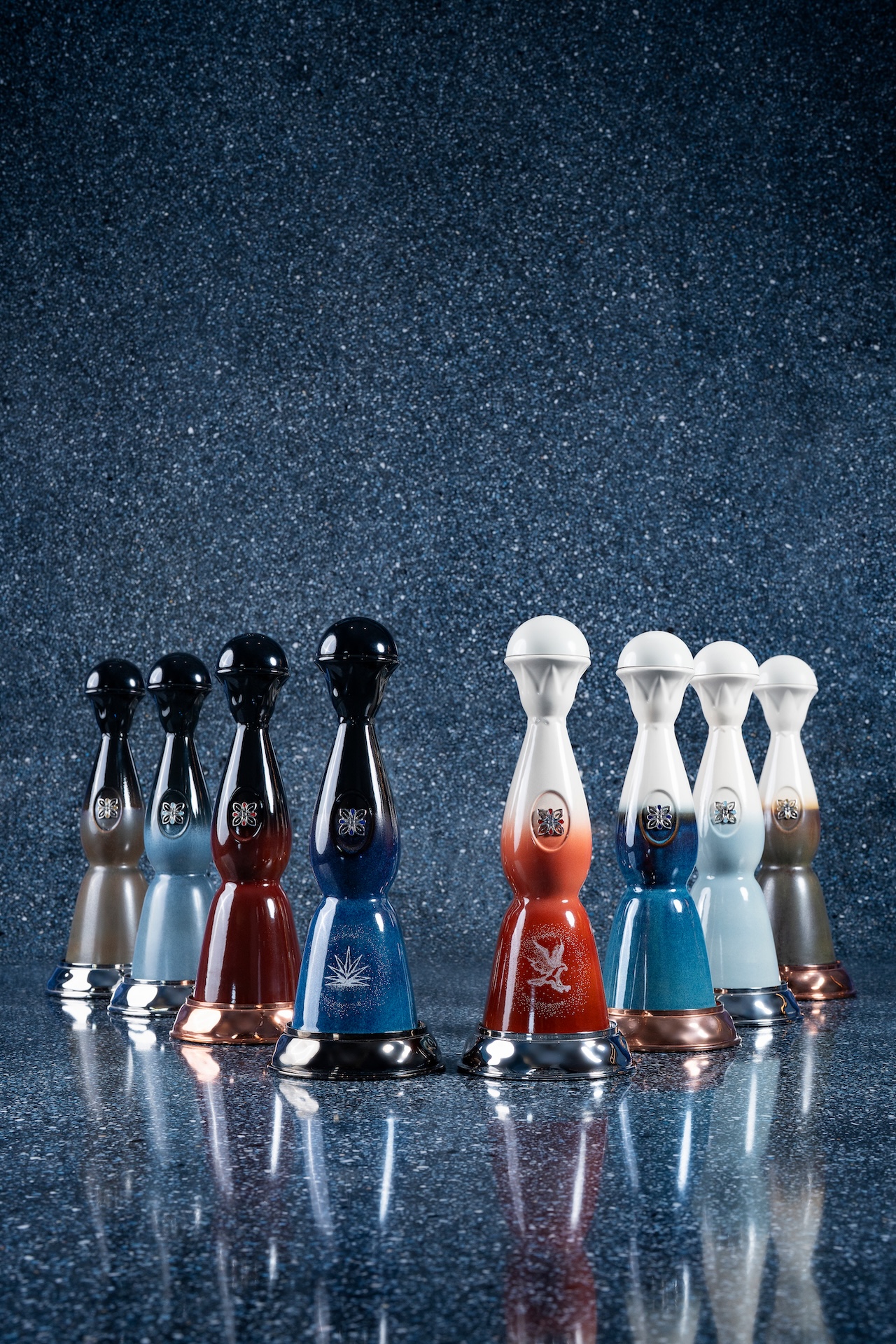 8 decanters arranged in a presentation