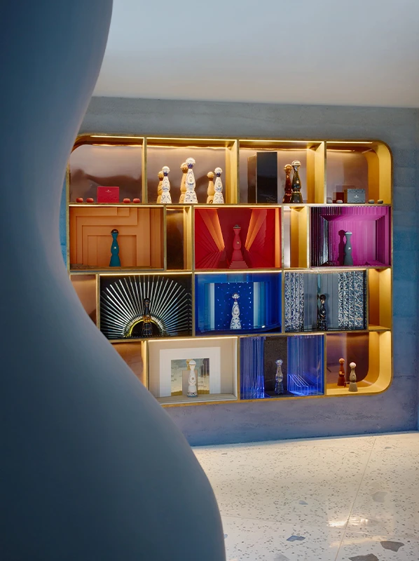 Decanters line shelves at the Boutique in Los Cabos