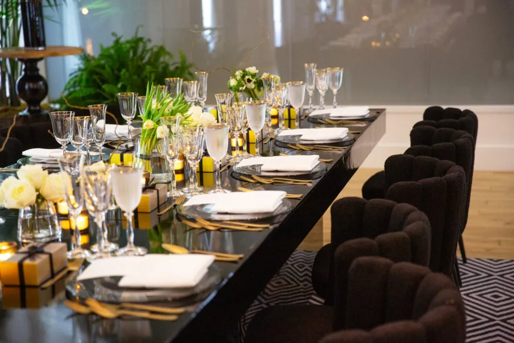 table set up for a dinner with 10 people