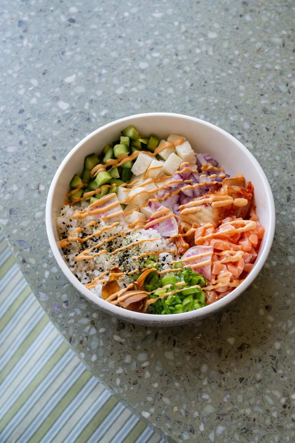 Colorful poke bowl served at Terrazza, a beachfront Santa Monica restaurant near the pier.