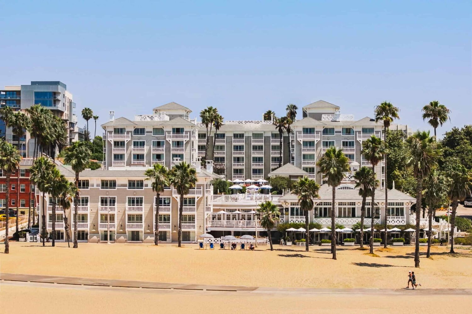 View of Shutters on the Beach from the beach in Santa Monica, California.