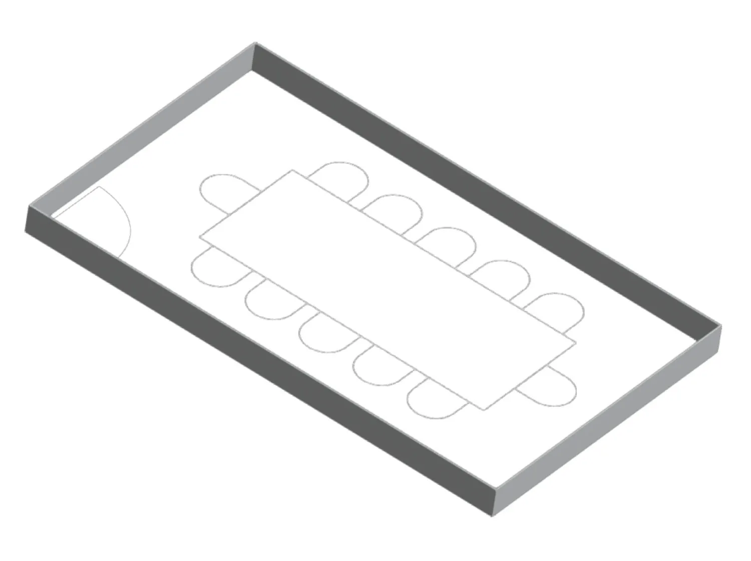 Floor plan with a table and seating arrangement, depicted in a 3D isometric view.