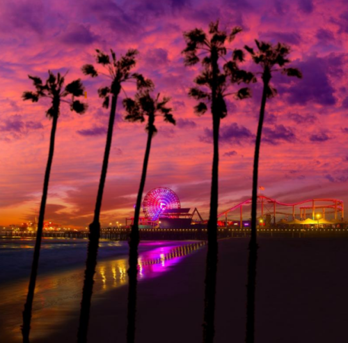 Pink sunset with the Santa Monica Pier in the background.