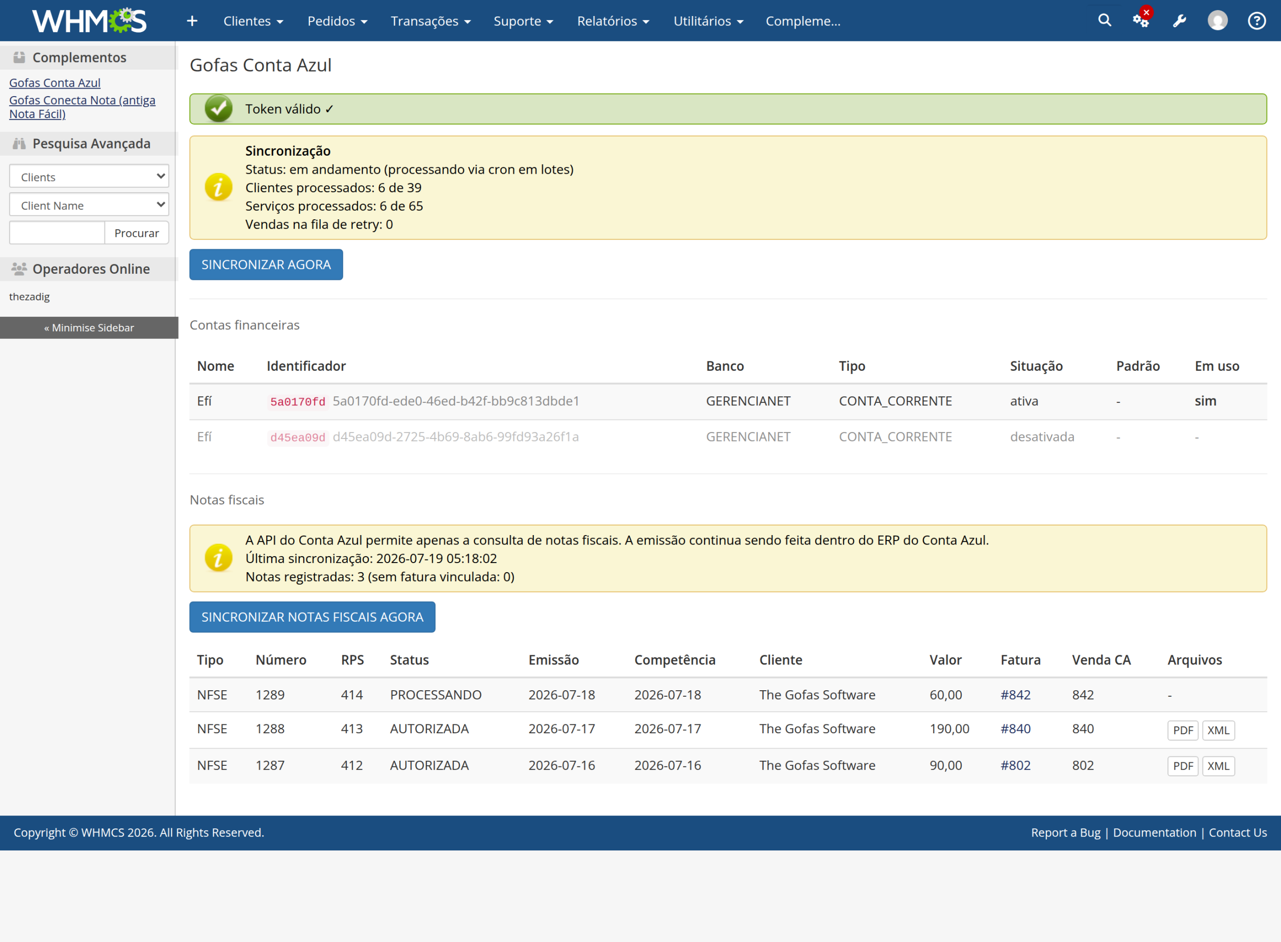 Página do módulo no admin, versão 3.1.0