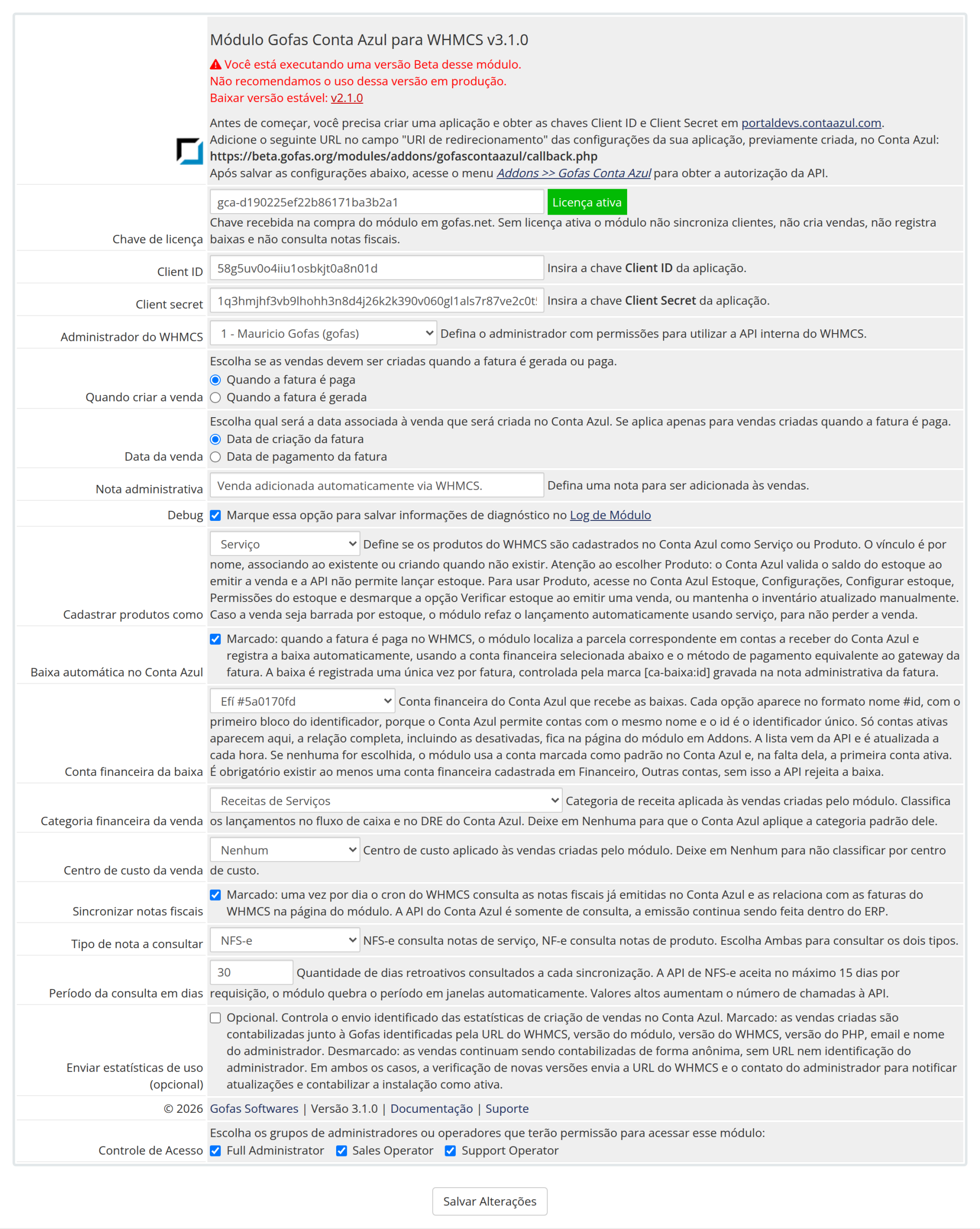 Tela de configurações do módulo, versão 3.1.0