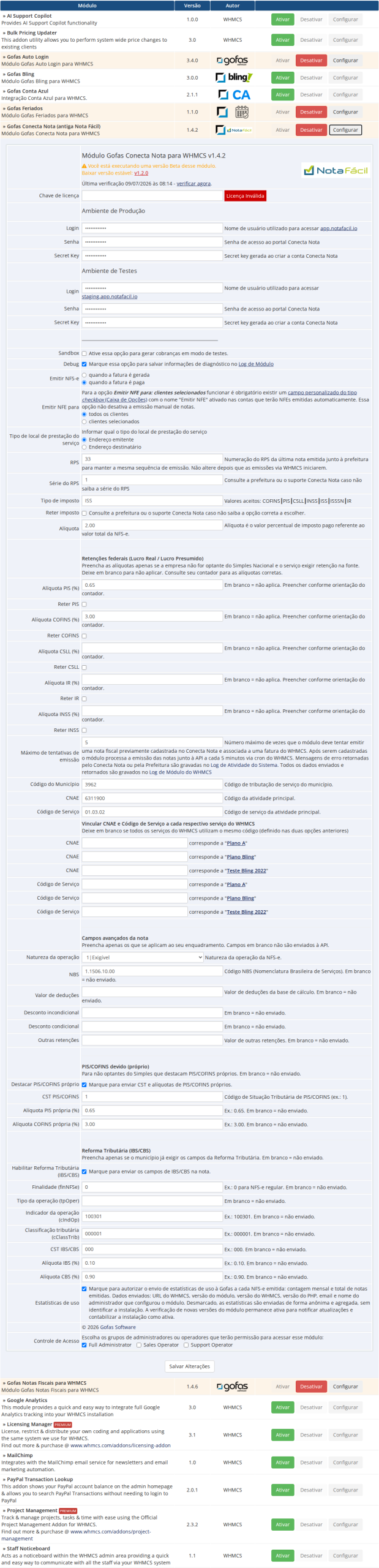 Tela de configurações do módulo (v1.4.2, formulário completo)