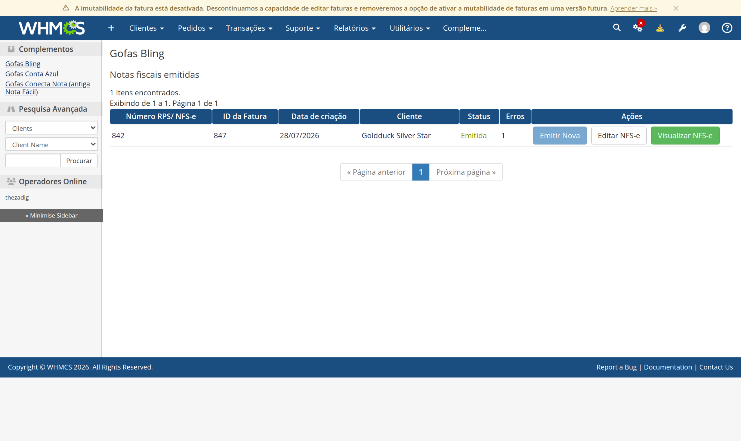Página do módulo no admin, versão 3.0.1