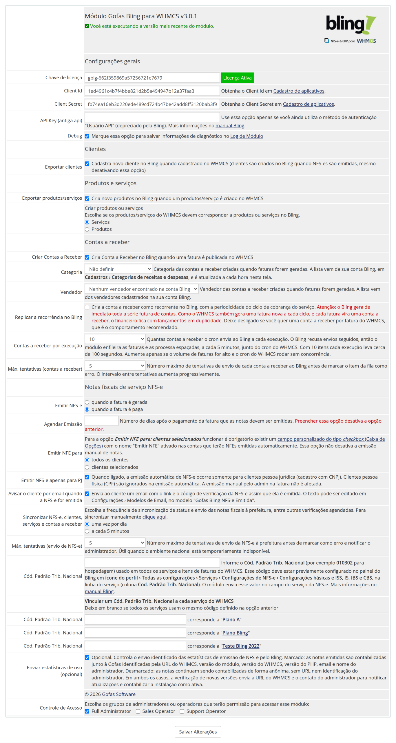 Tela de configurações do módulo, versão 3.0.1
