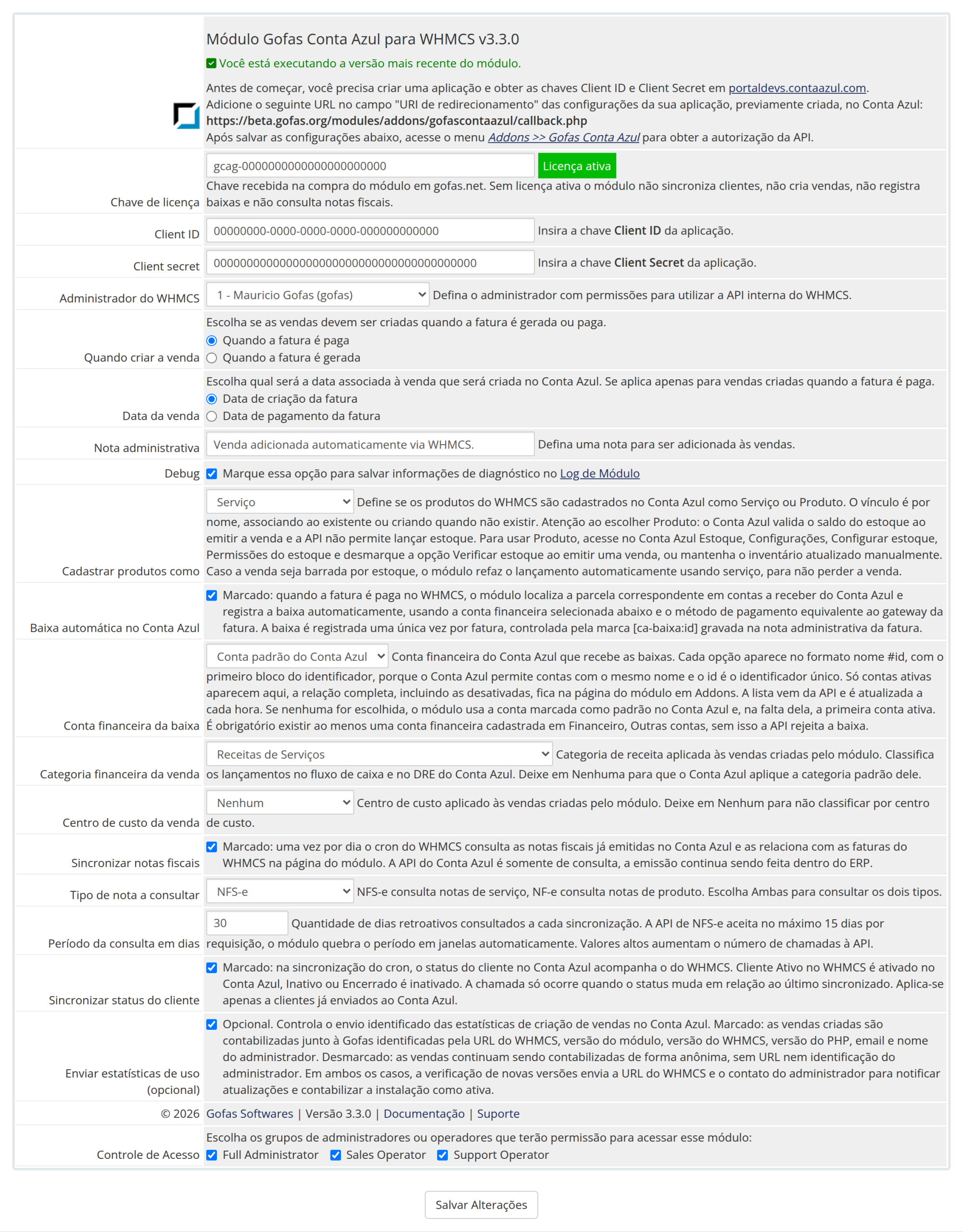 Tela de configurações do módulo, versão 3.3.0