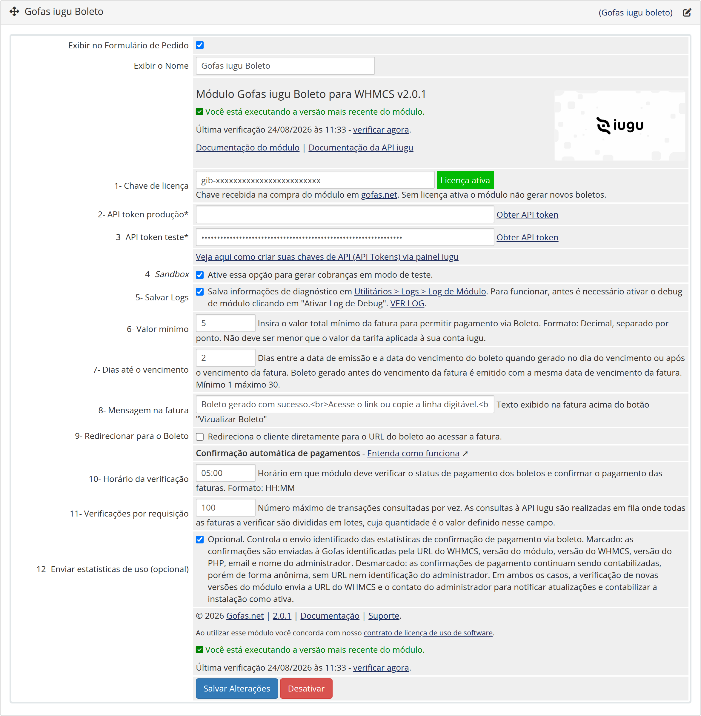 Tela de configurações do módulo iugu Boleto, versão 2.0.1