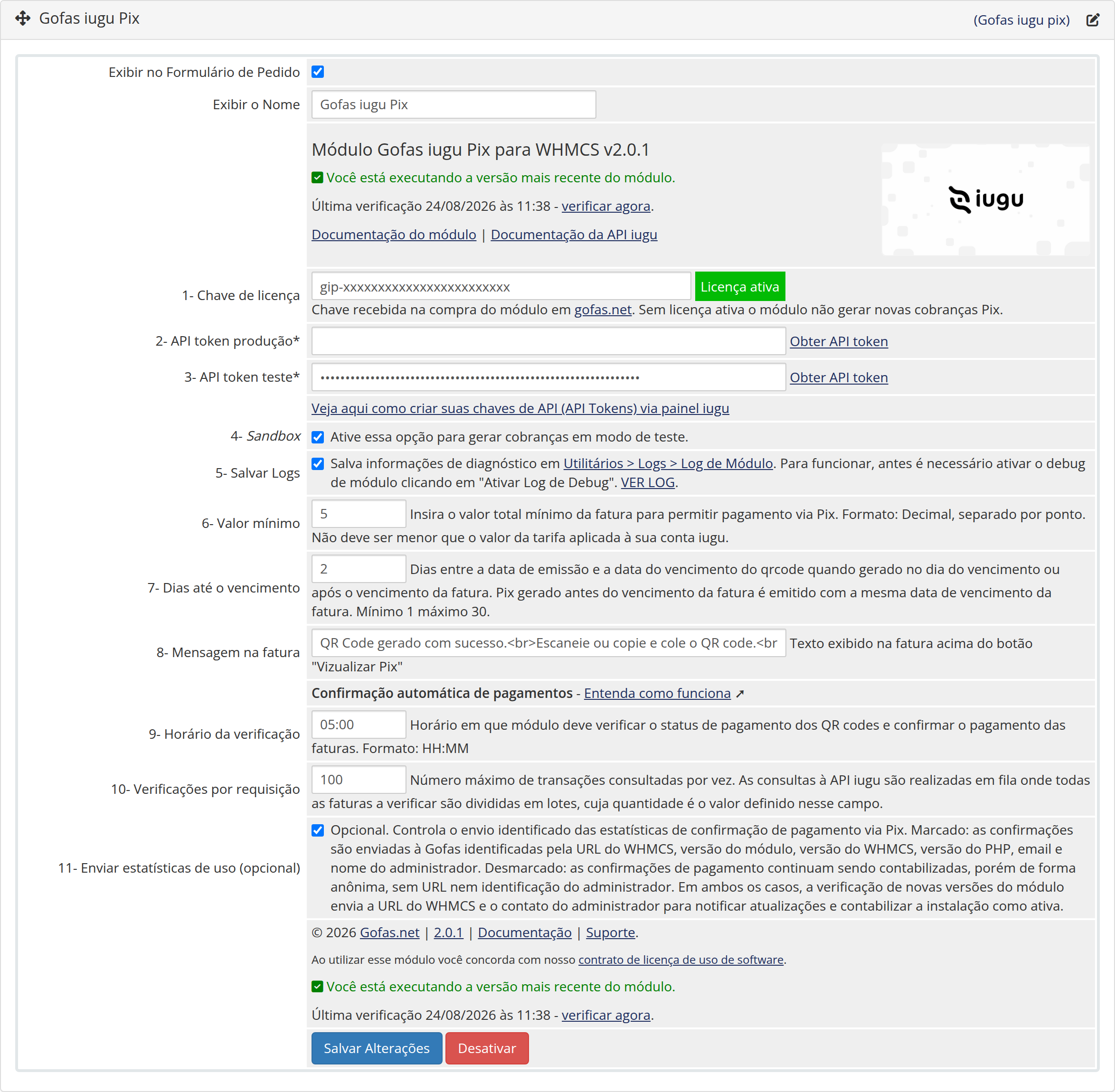 Tela de configurações do módulo iugu Pix, versão 2.0.1