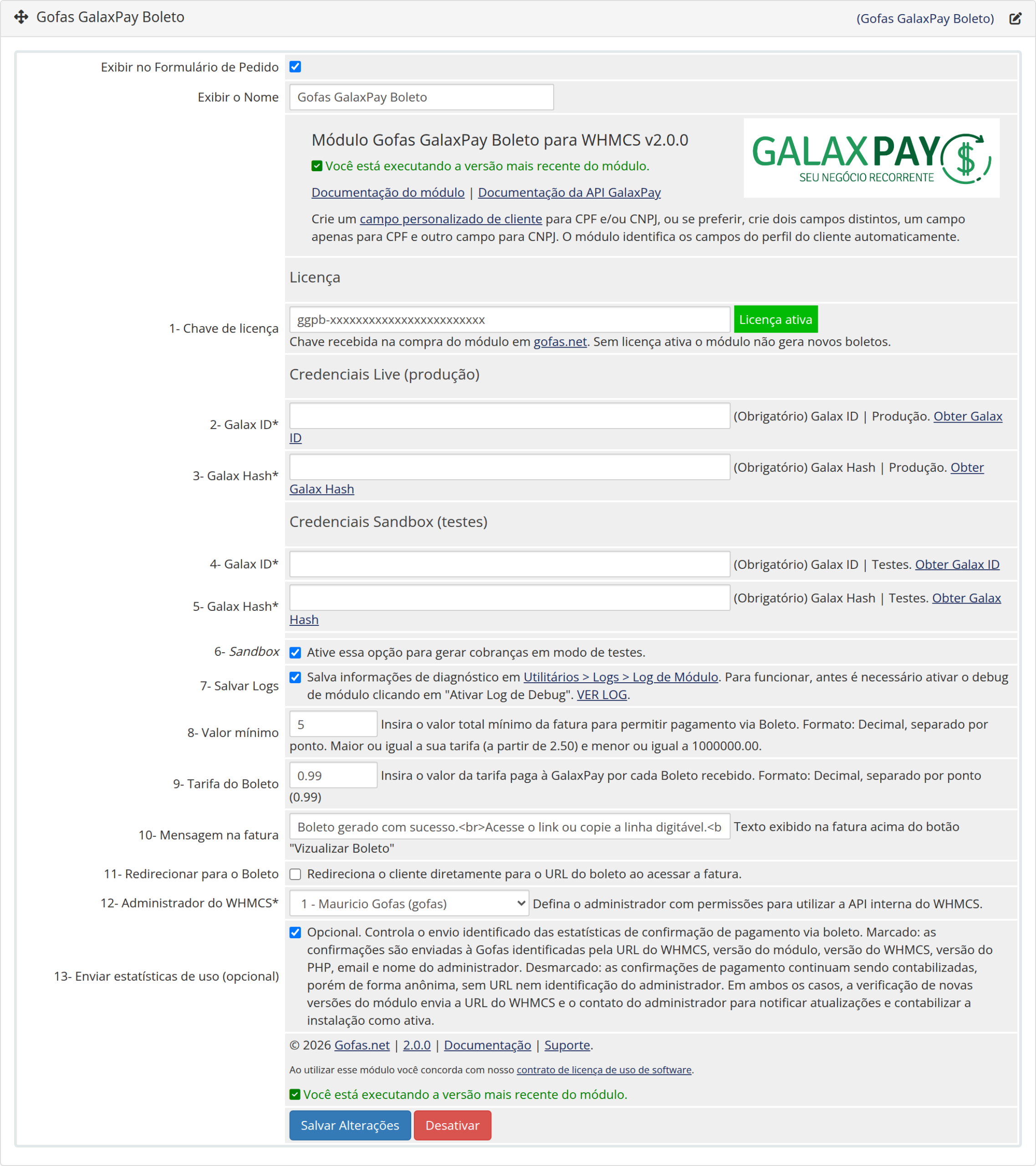 Tela de configurações do módulo cel_cash Boleto, versão 2.0.0