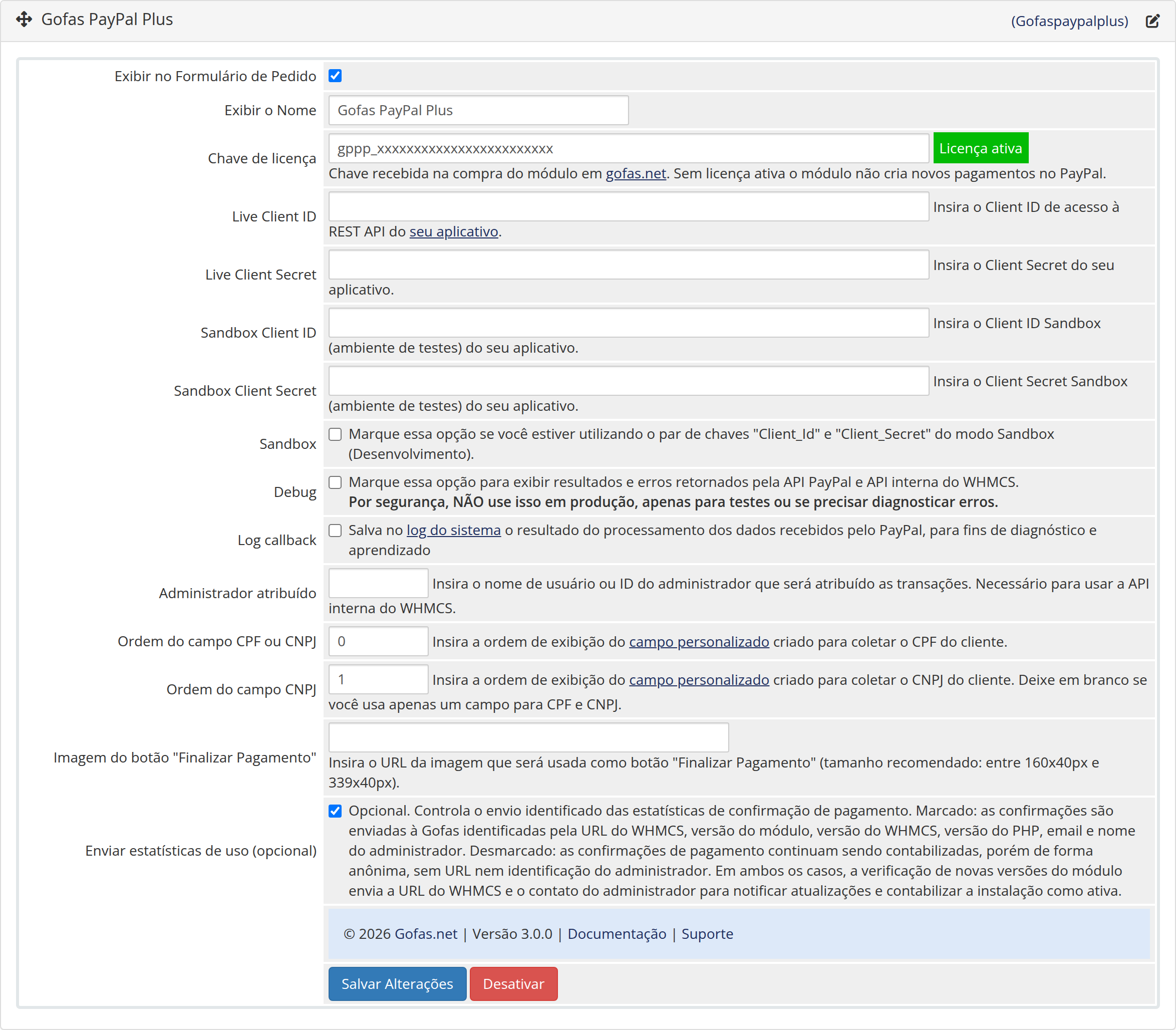 Tela de configurações do módulo PayPal Plus, versão 3.0.0