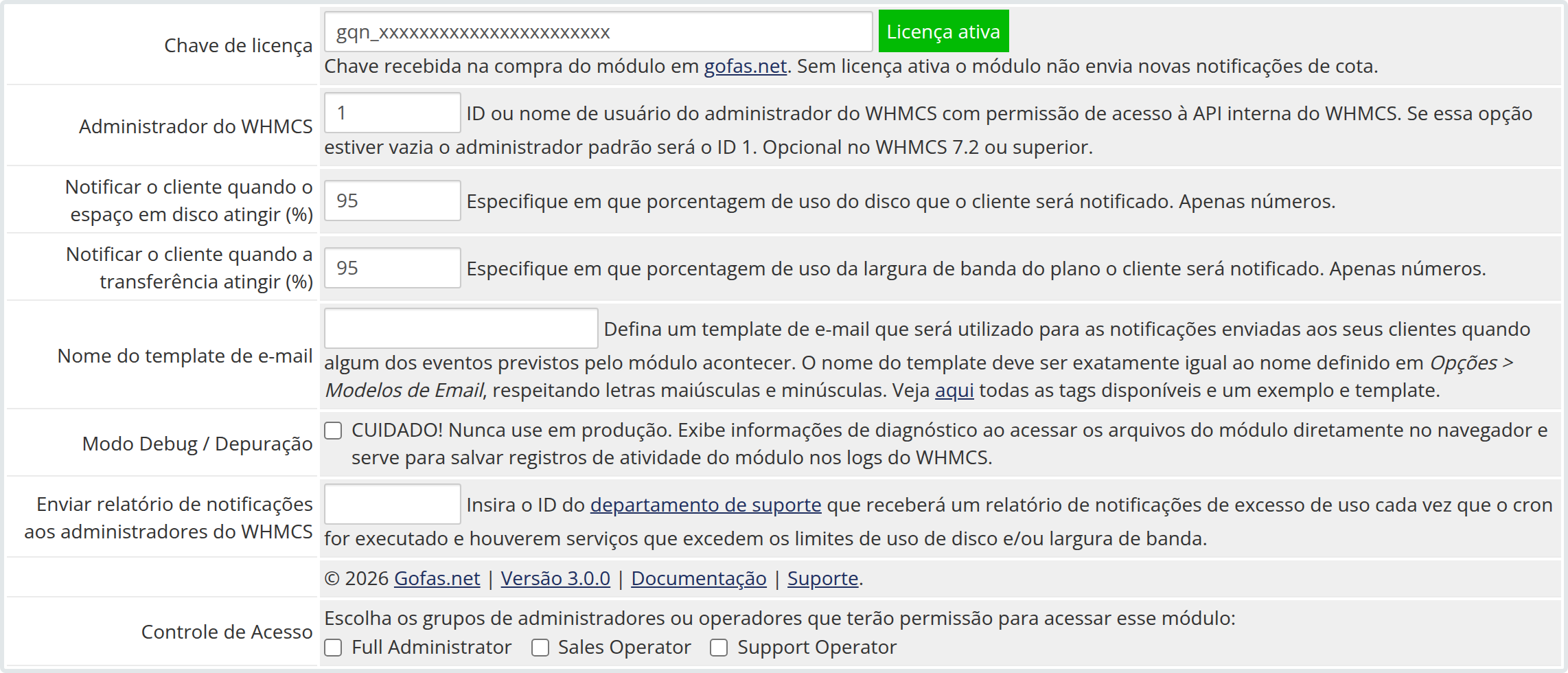 Tela de configurações do módulo Notificações de Cota, versão 3.0.0