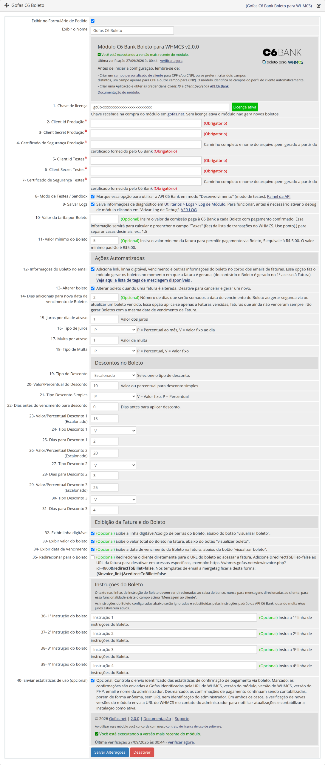Tela de configurações do módulo C6 Bank Boleto, versão 2.0.0