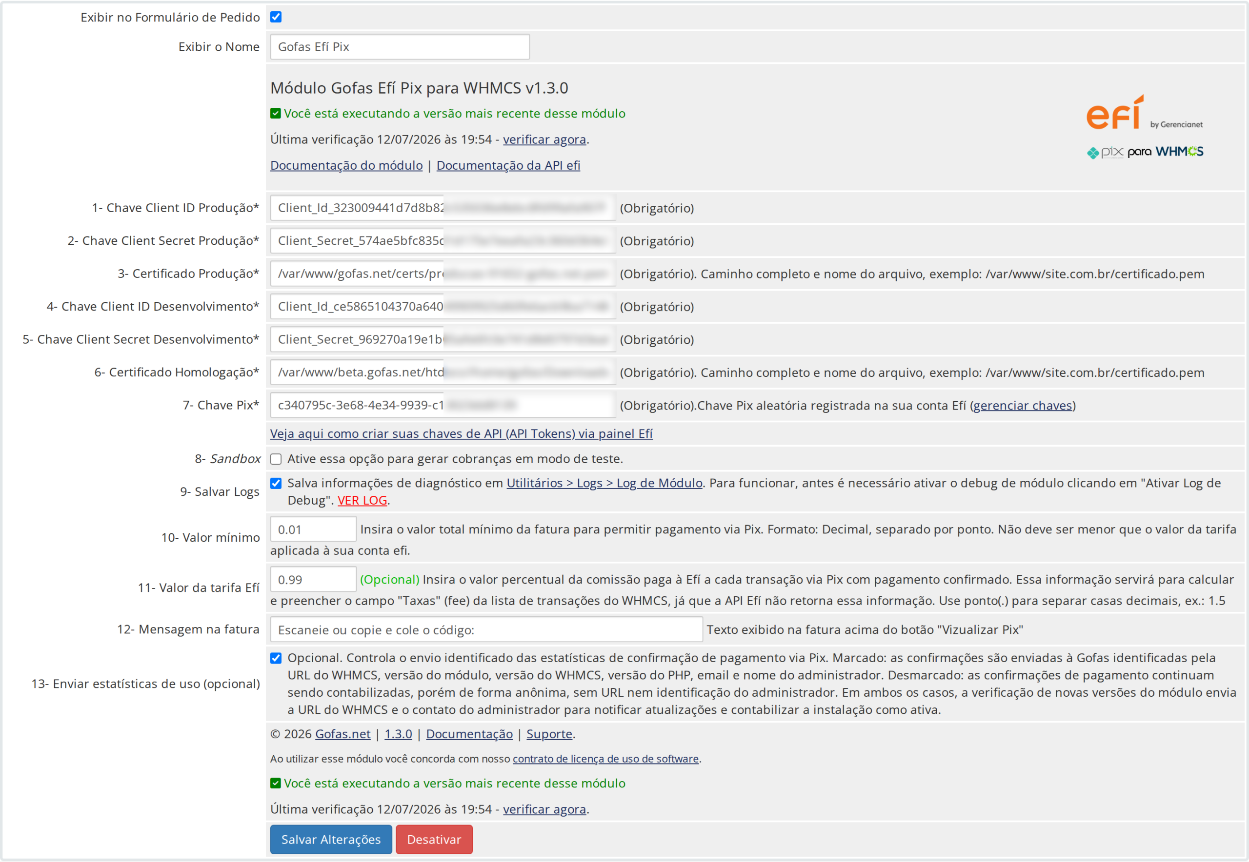 Tela de configuracoes do modulo
