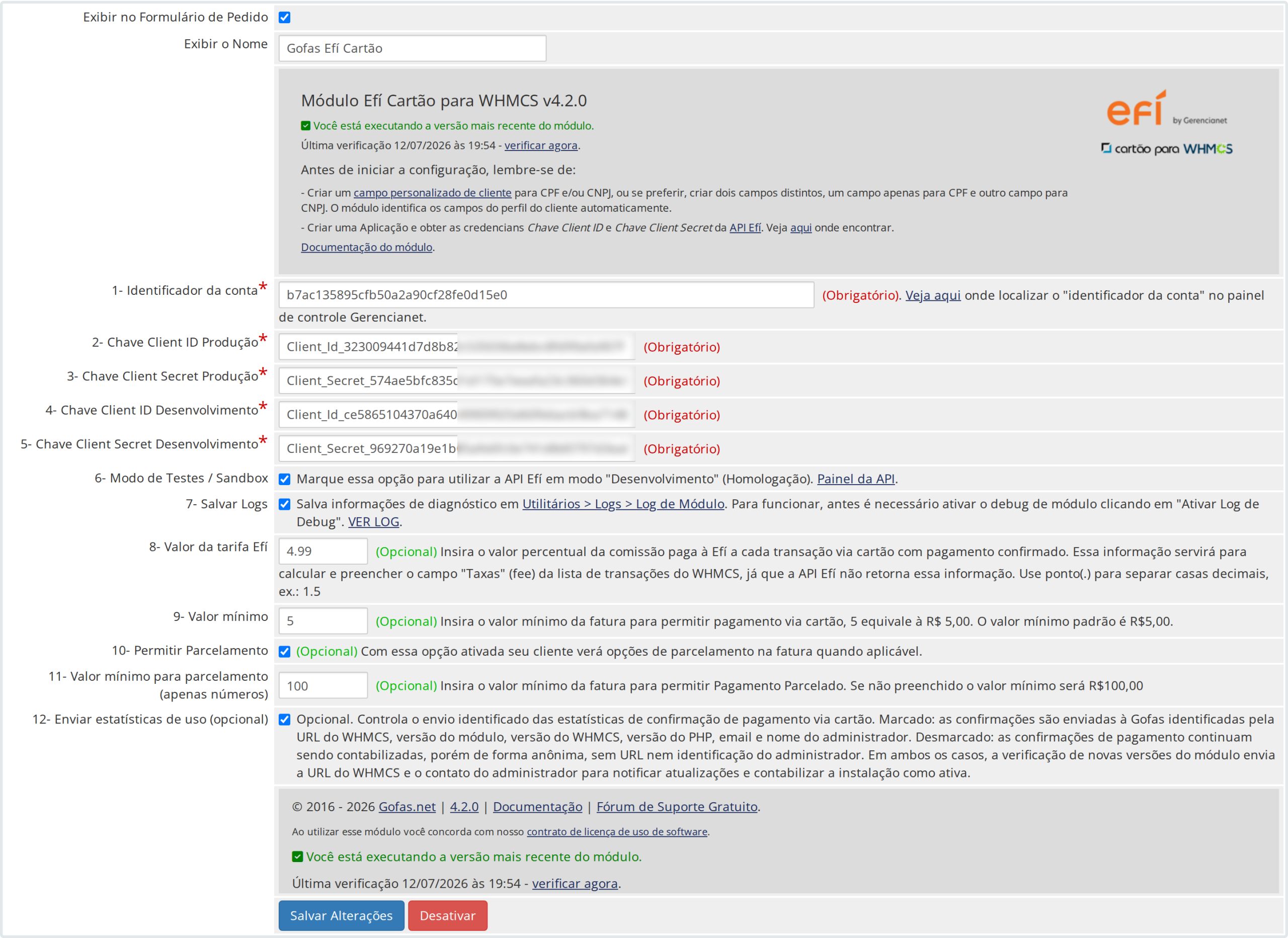 Tela de configuracoes do modulo