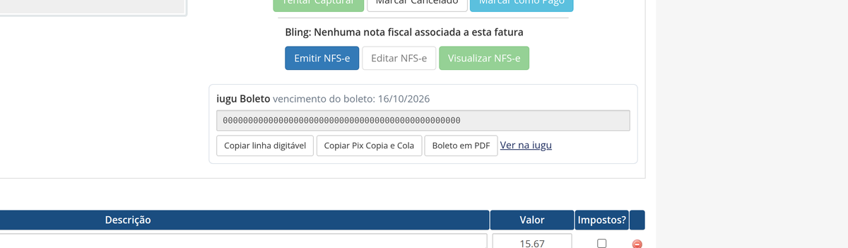 Painel do boleto na fatura do admin, com copiar linha digitável e Pix