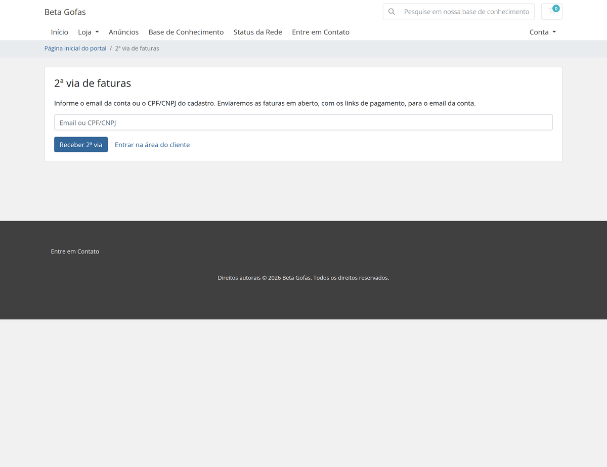 Página da 2ª via de faturas por email