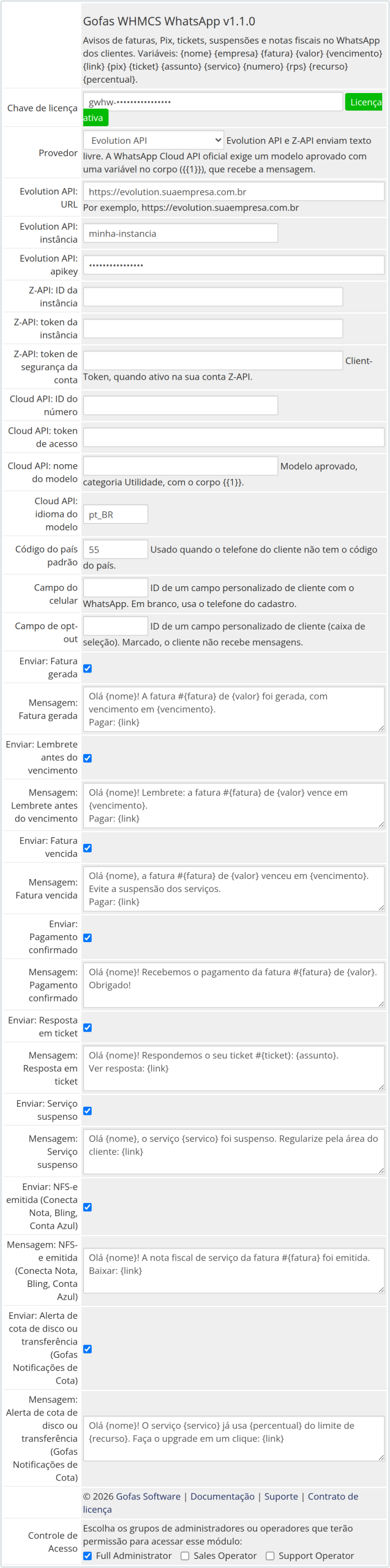 Tela de configurações do Gofas WHMCS WhatsApp