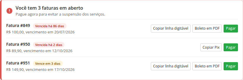 Alerta de faturas em aberto na página inicial da área do cliente