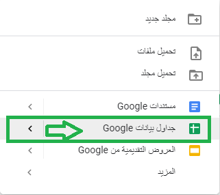 في الصورة قائمة تحتوي على موارد جوجل وبرامجه مثل مستندات جوجل وجداول بيانات جوجل وغيرها وهناك سهم أخضر يشير إلى جداول بيانات جوجل.