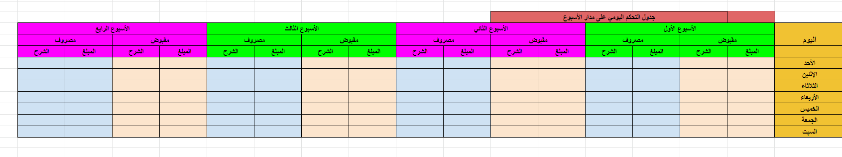 في الصورة جدول ملون مقسم بشكل أسبوعي، وهناك شرح تفصيلي على اليمين حسب اليوم، كما أنه يوجد هناك قسم للمقبوضات وآخر للمدفوعات.