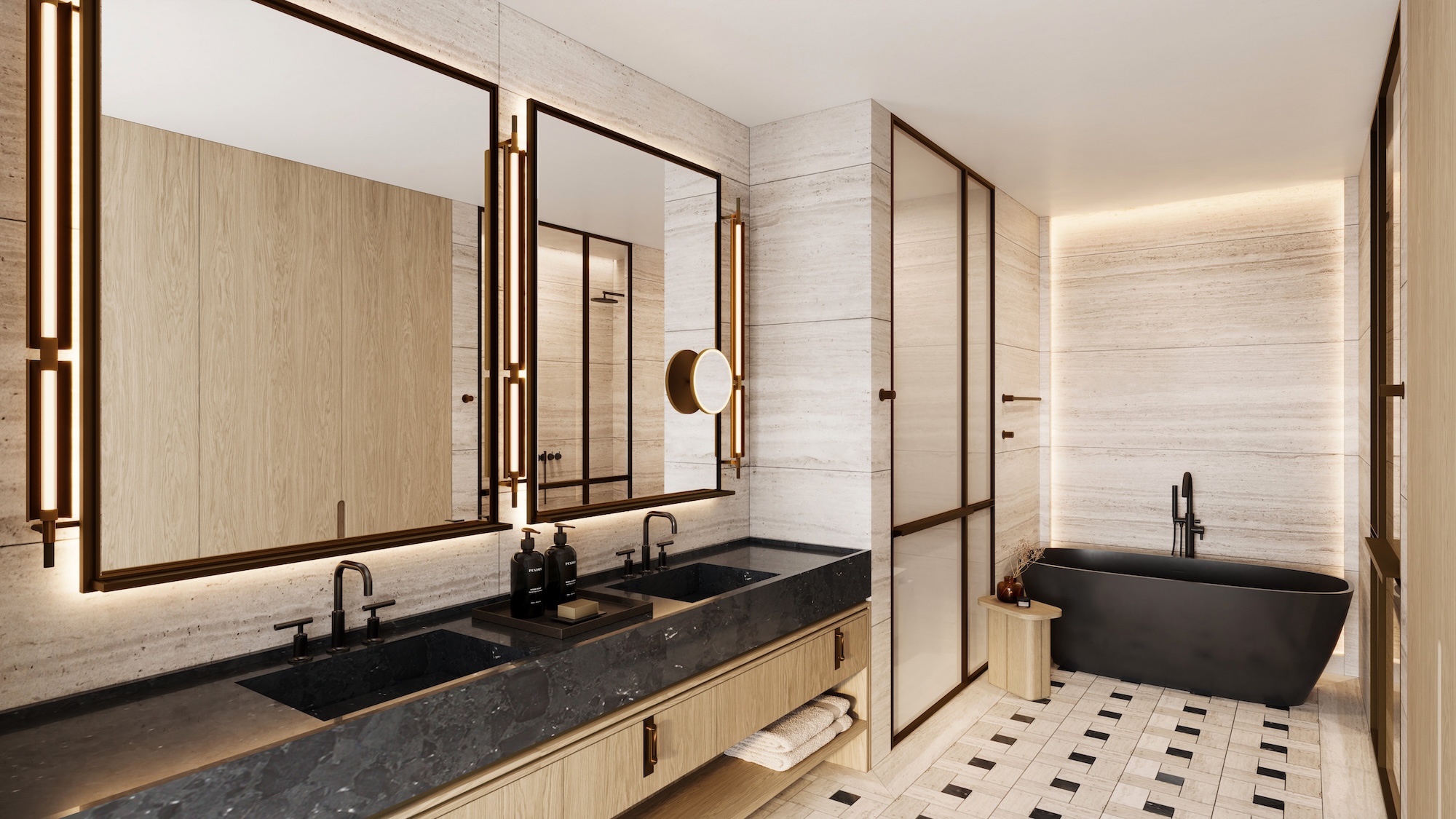 A bathroom inside a residence at Pendry Residences Mexico City.