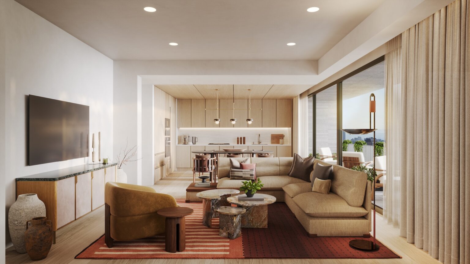 Living room area with a terrace at Pendry Residence Mexico City.
