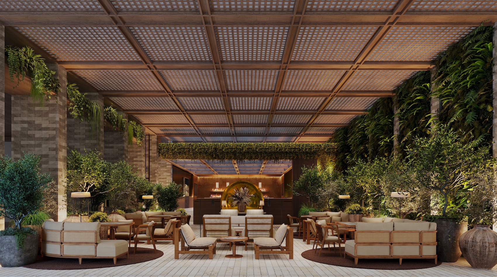 Patio area with seating at Pendry Residences Mexico City.