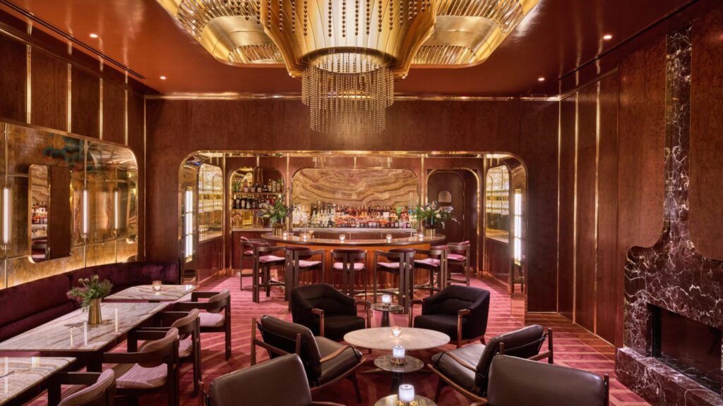 Interior of room with bar and a variety of seating options
