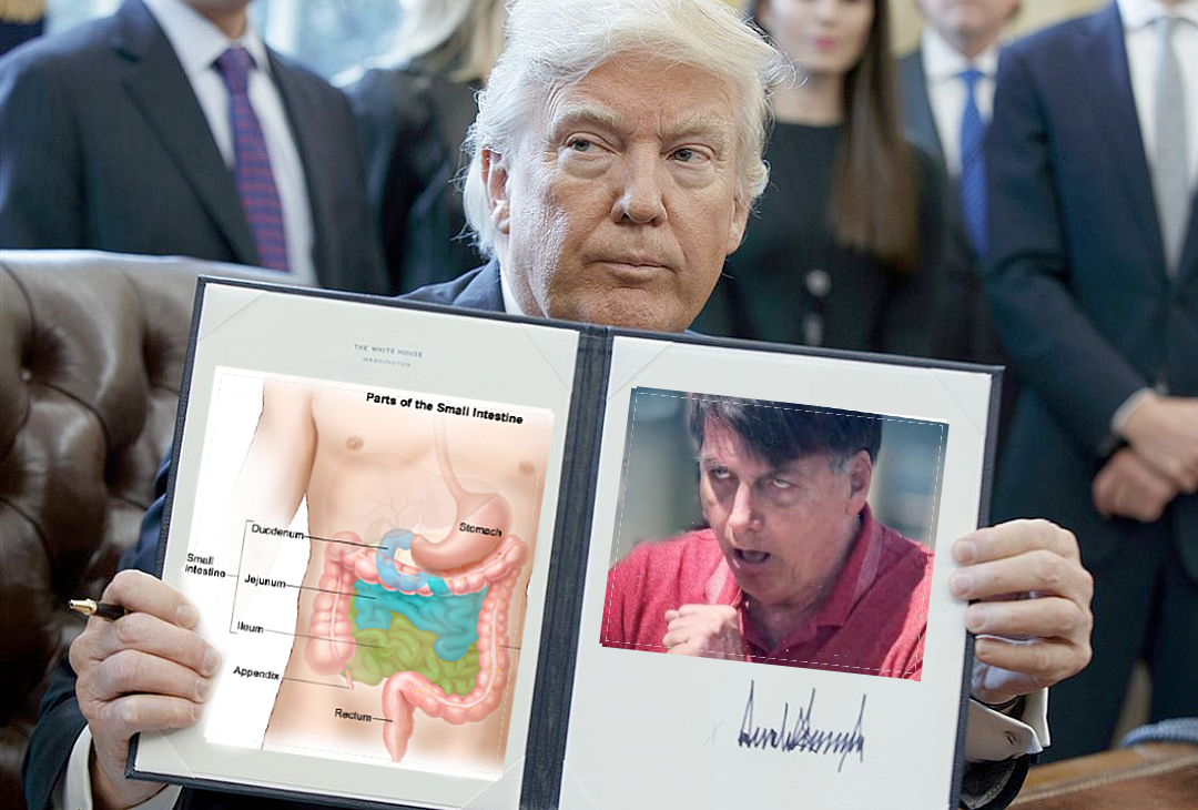 Depois de Estreito de Ormuz, Trump pede ajuda mundial para desobstruir intestino de Bolsonaro
