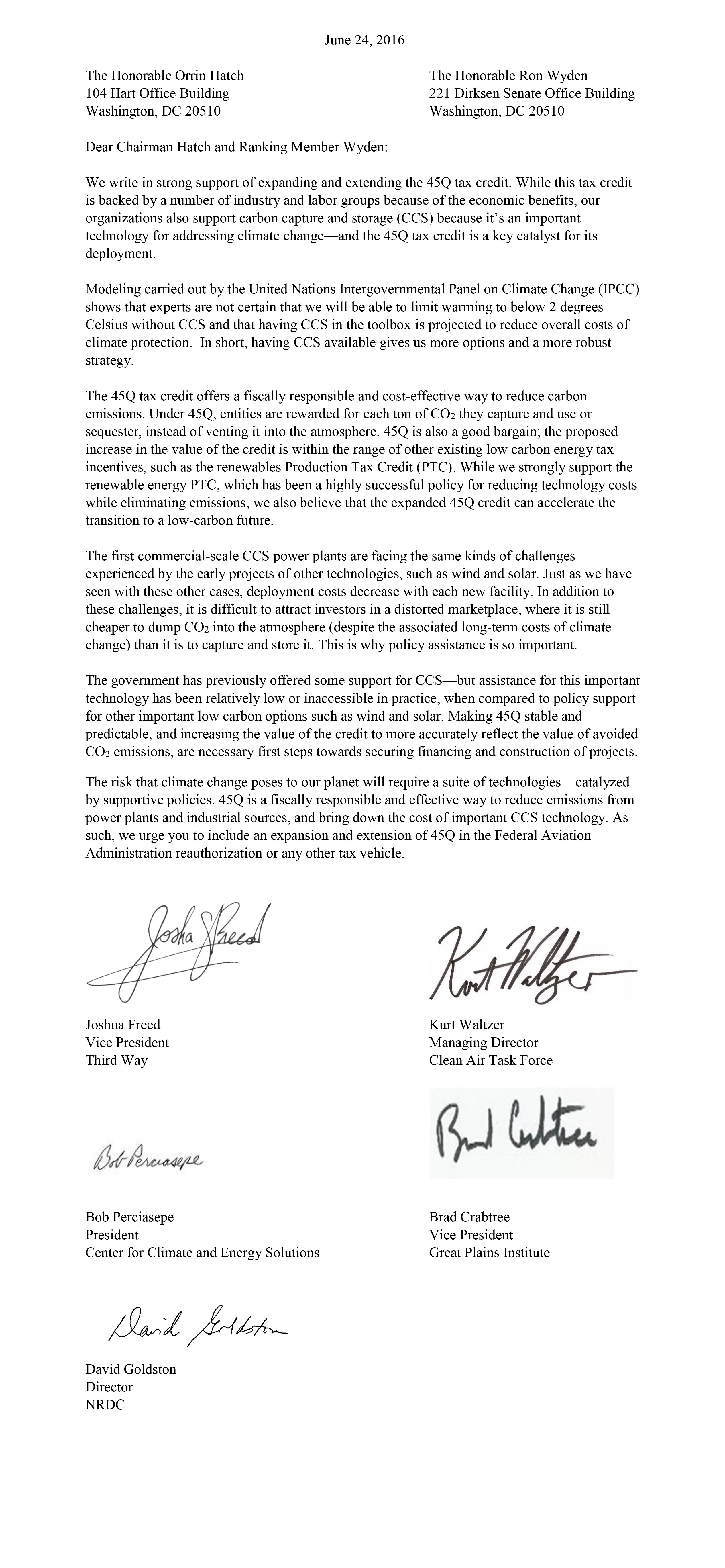 climate advocates 45q is key catalyst to address climate change clean credit letter