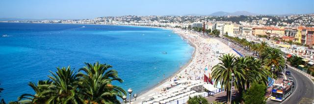 Promenade Anglais in Nice with view of Mediterranean Sea seen on summer teen travel tour in French Riviera