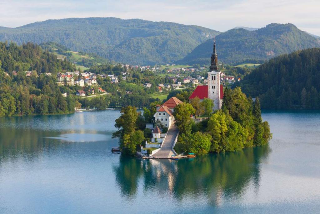 View of Lake Bled Island seen on summer adventure travel program